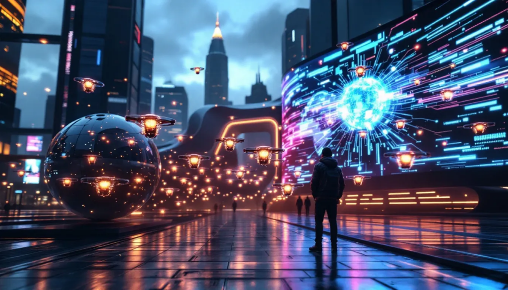 Futuristic cityscape with digital proxy servers and a person observing data streams on large screens