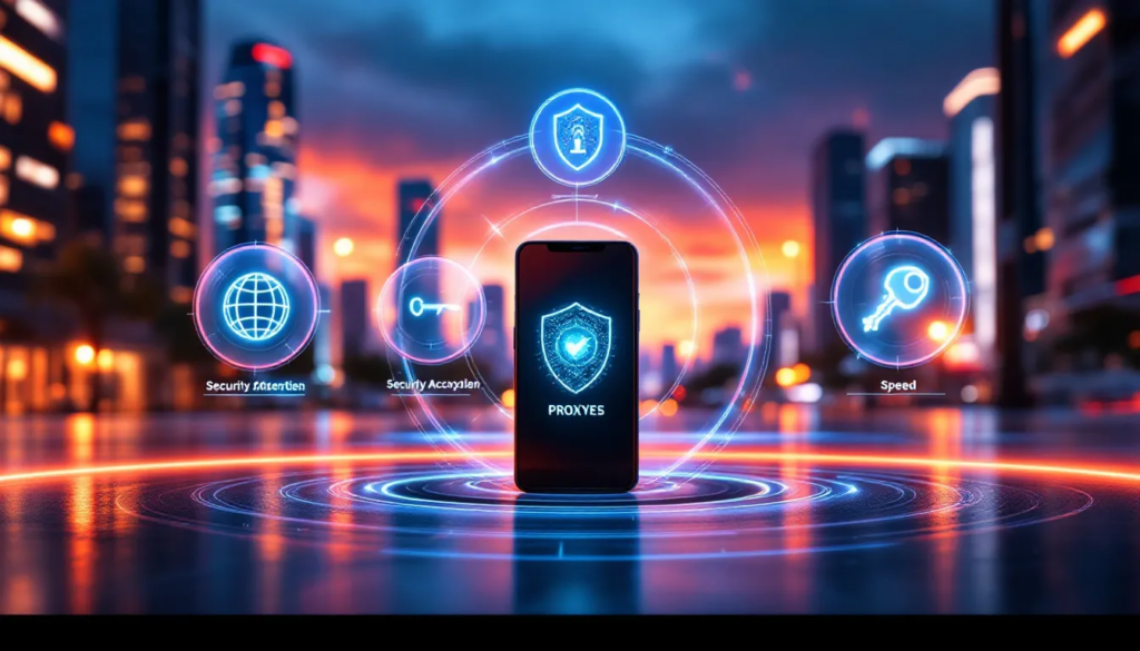 A graphic depicting the key features of mobile proxies with icons for security, speed, and access.