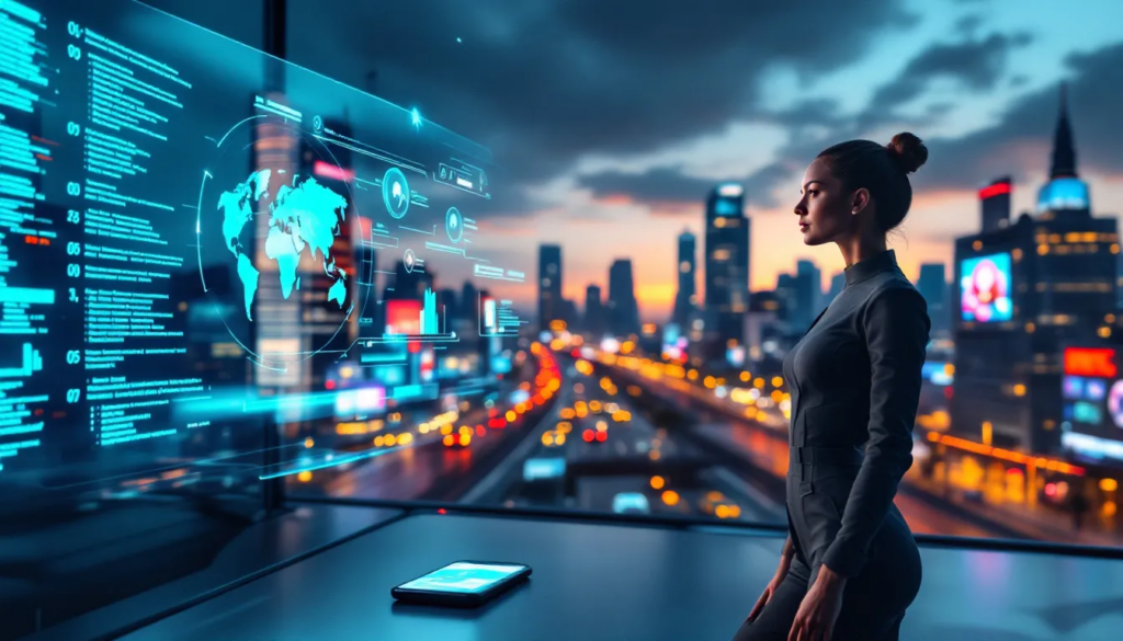 A woman looking at a cityscape with digital data projections.