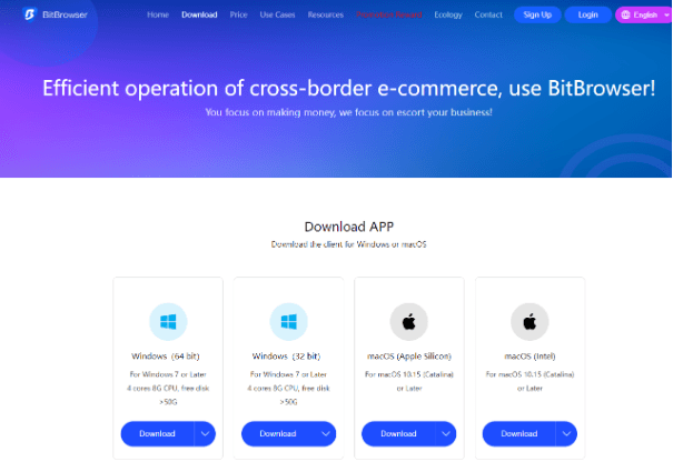 Image showing the BitBrowser download options for Windows and macOS versions.