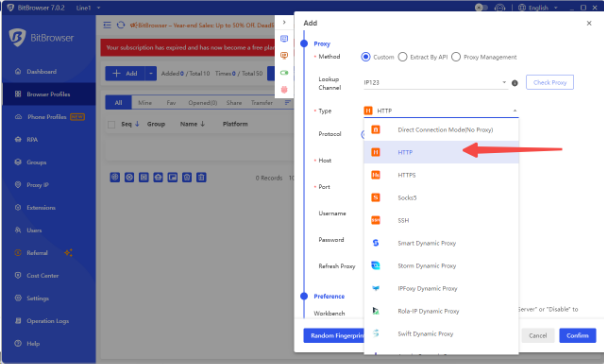 Image showing the selection of HTTP or SOCKS5 as the proxy type in BitBrowser’s Proxy Settings.