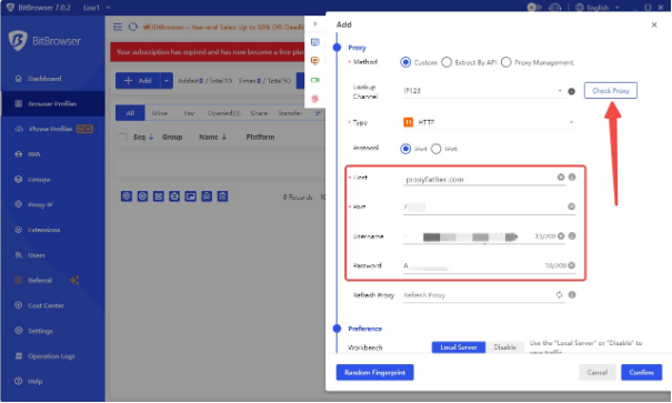 Image showing how to enter proxy details and test the connection in BitBrowser's Proxy Settings.