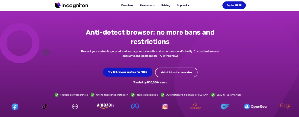 Incogniton Anti-Detect Browser homepage highlighting fingerprint protection and automation.