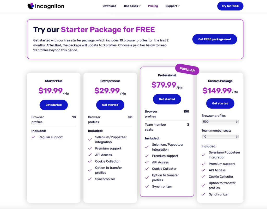 Incogniton Anti-Detect Browser pricing plans with different browser profiles and team options.