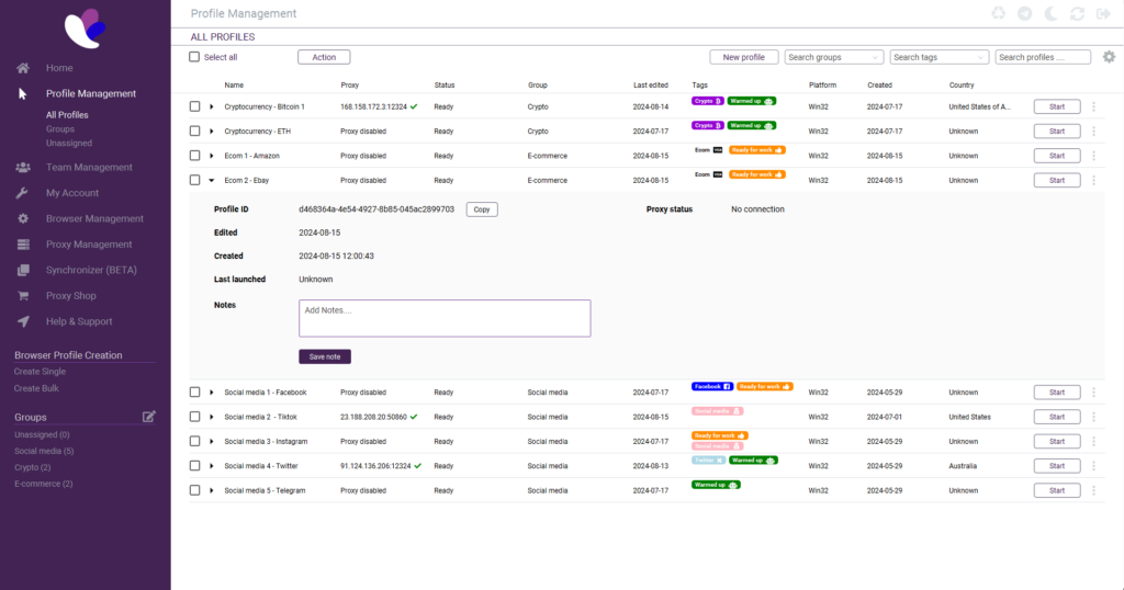 Incogniton Anti-Detect Browser profile manager showing multiple accounts and proxy settings.